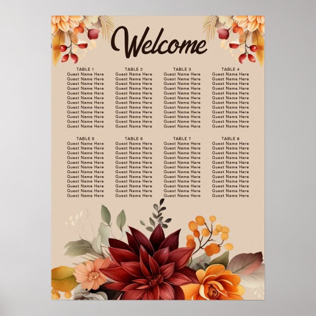 Terracotta Fall Floral Wedding Chart Poster (Vorne)