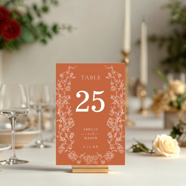 Terracotta Fall Floral Wedge Tischnummer (Terracotta autumn or fall vintage floral wedding table number)