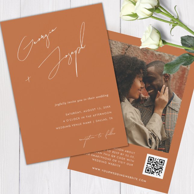 Terracotta Fall | Script Foto QR Code Wedding Einladung (Von Creator hochgeladen)