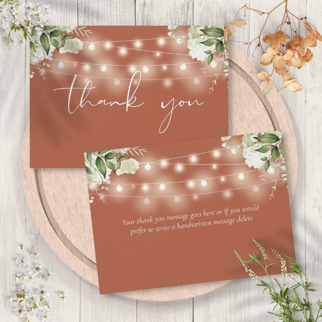 Terracotta Flora und Fauna Dankeskarte (Terracotta Floral Greenery String Lights Thank You Card)