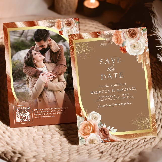 Terracotta Floral Beige Gold QR Code Foto Hochzeit Save The Date (Von Creator hochgeladen)