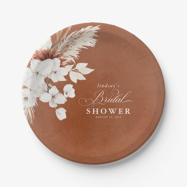 Terracotta Floral Boho Brautparty Pappteller (Vorderseite)