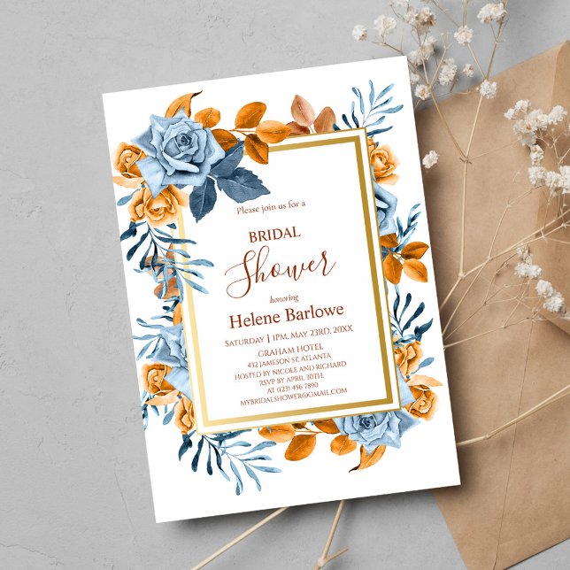 Terracotta Floral Boho Elegantes Brautparty Einladung (Navy Terracotta Floral Boho Elegant Bridal Shower Invitation)