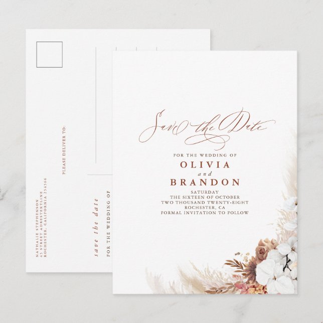 Terracotta Floral Boho Exotic Save the Date Ankündigungspostkarte (Vorne/Hinten)