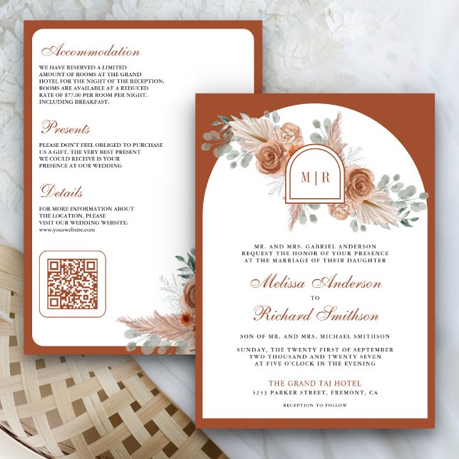 Terracotta Floral Boho Pampas Burnt Orange Wedding Einladung (Von Creator hochgeladen)
