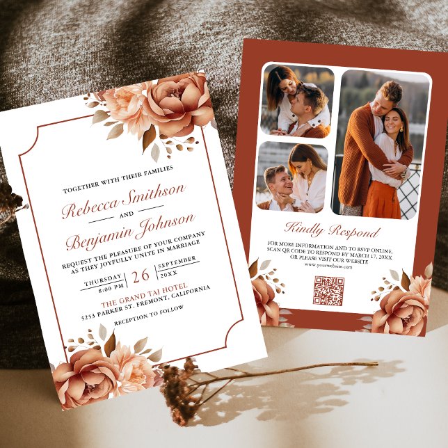 Terracotta Floral Border Foto QR Code Wedding Einladung (Von Creator hochgeladen)