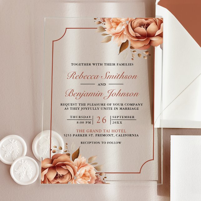 Terracotta Floral Border Wedding Acryleinladungen (Von Creator hochgeladen)