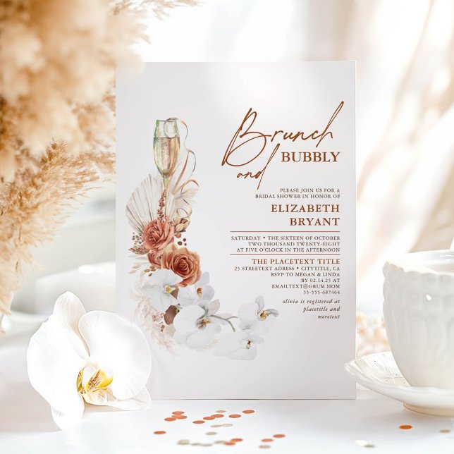 Terracotta Floral Brunch and Bubbly Brautparty Einladung (Brunch and Bubbly Bridal Shower Invitations)