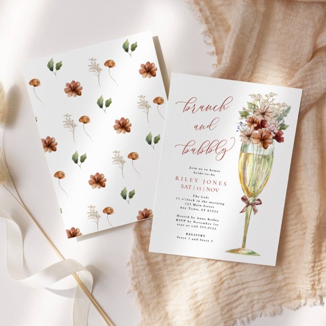 Terracotta Floral Brunch und Bubbly Gold Champagne Einladung (Beautiful Terracotta Flowers in a Gold Champagne glass-perfect for your Fall event!)