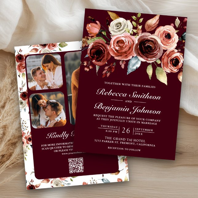 Terracotta Floral Burgundy QR Code Wedding Einladung (Von Creator hochgeladen)