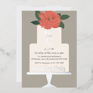 Terracotta Floral Cake Geburtstagsparty Silber Folieneinladung