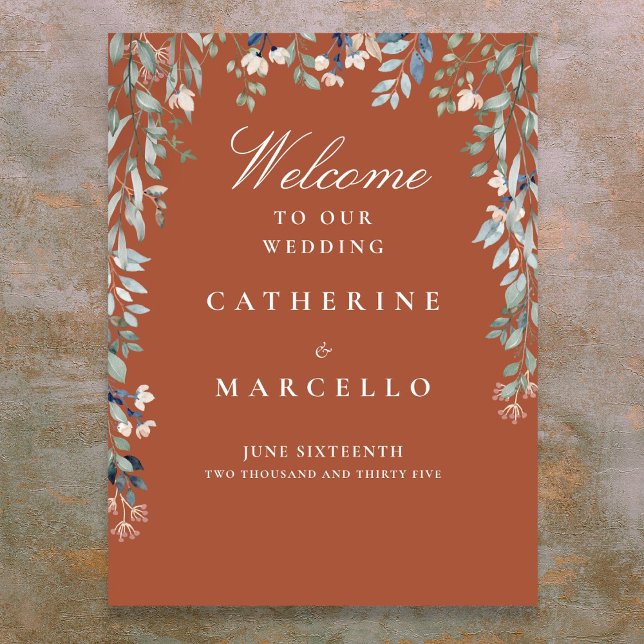 Terracotta Floral Cascade Wedding Welcome Sign Poster (Terracotta Floral Cascade Wedding Welcome Sign)