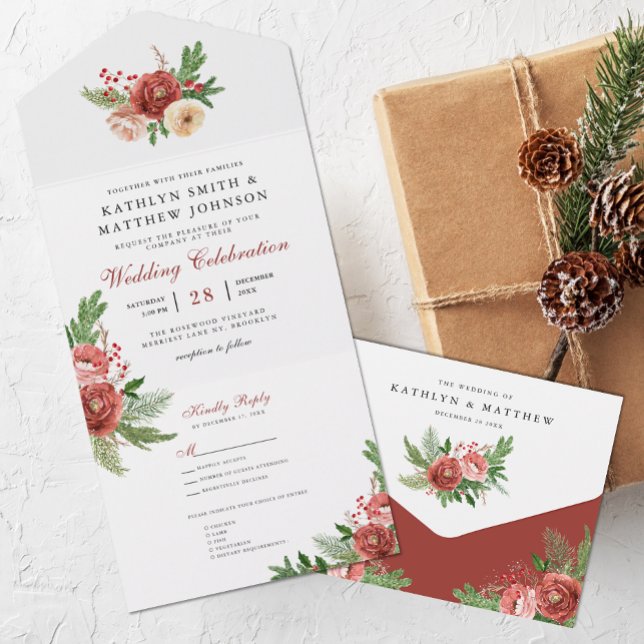 Terracotta Floral Christmas Foliage Winter Wedding All In One Einladung (Von Creator hochgeladen)