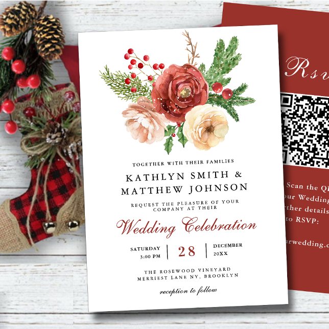 Terracotta Floral Christmas Winter Wedding QR Code Einladung (Von Creator hochgeladen)