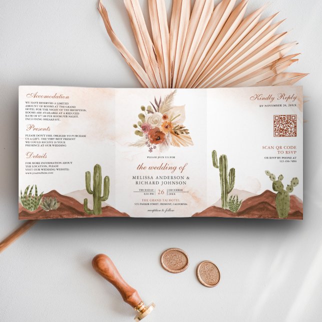 Terracotta Floral Desert Cactus QR Code Wedding Dreifach Gefaltete Einladung (Von Creator hochgeladen)