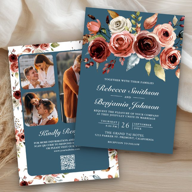 Terracotta Floral Dusty Blue QR Code Wedding Einladung (Von Creator hochgeladen)