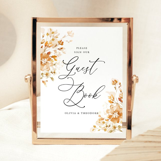 Terracotta Floral Elegant Guest Book Wedding Table Sockelschild (Terracotta floral elegant guest book wedding sign with watercolor burnt orange flowers, table sign)