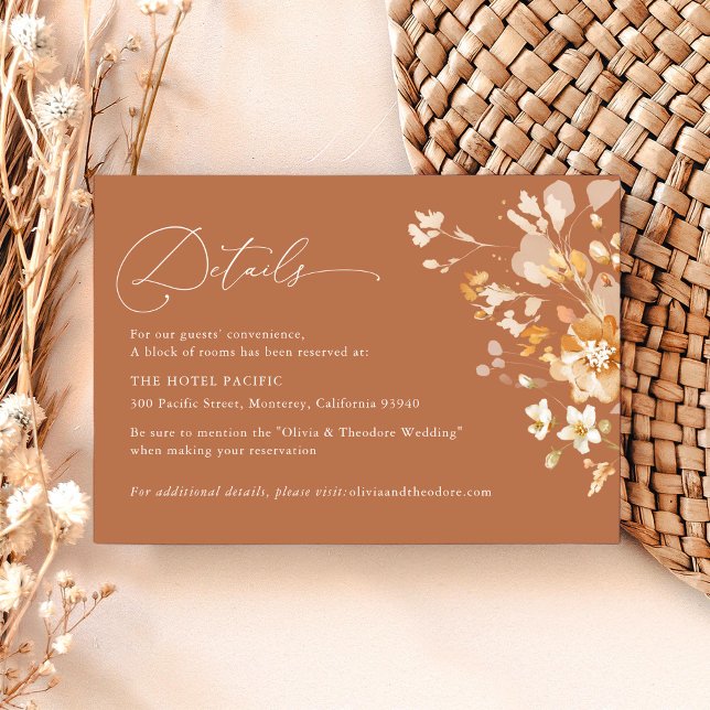 Terracotta Floral Elegant Wedding Details Hotel Begleitkarte (Elegant terracotta floral wedding details card with hotel accommodation information neutral)