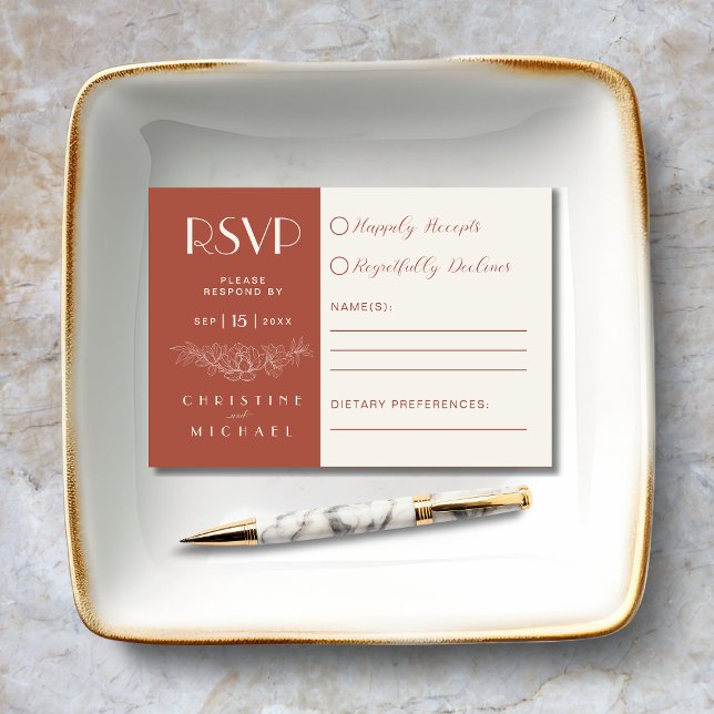 Terracotta Floral Elegantes Budget Hochzeit RSVP Karte (Terracotta Floral Elegant RSVP Card with Magnolia Flowers, dietary preferences.)