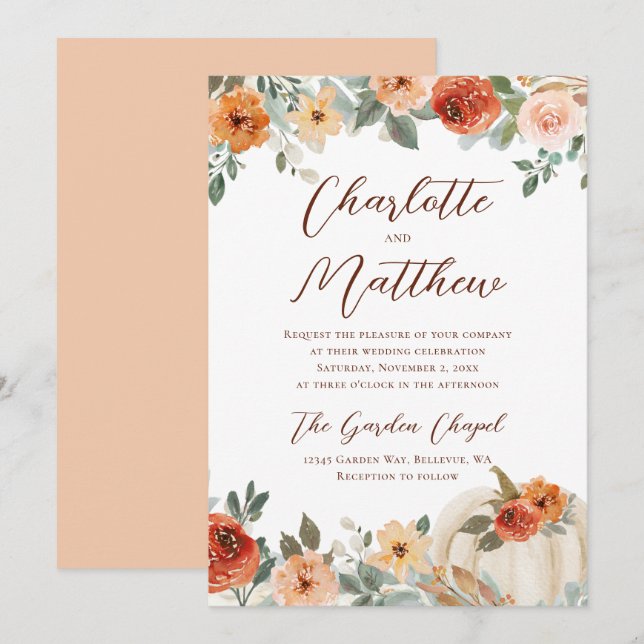 Terracotta Floral Fall Pumpkin Wedding Einladung (Vorne/Hinten)