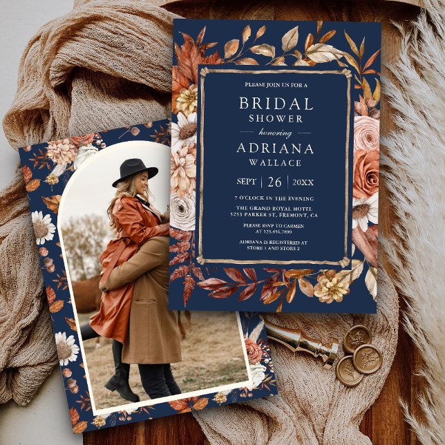Terracotta Floral Foto Navy Blue Brautparty Einladung (Von Creator hochgeladen)