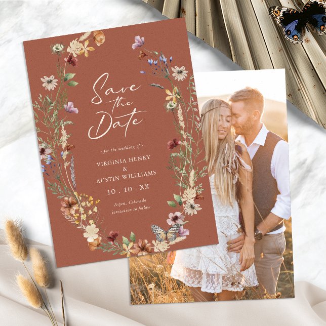 Terracotta Floral Foto Save the Date Flasche Karte (Boho Terracotta Floral Photo Save The Date Flat Card by Painted Paperie
)