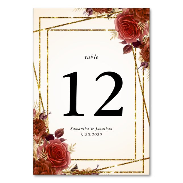 Terracotta Floral Gold Glitzer Frame Wedding Tischnummer (Vorderseite)