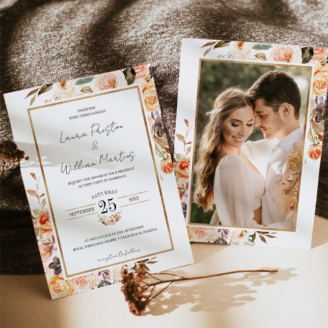 Terracotta Floral Gold Rahmen Foto Hochzeit Einladung (Von Creator hochgeladen)