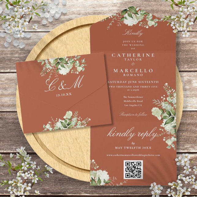 Terracotta Floral Greenery QR Code Wedding All In One Einladung (Terracotta Floral Greenery QR Code Wedding All In One Invitation)