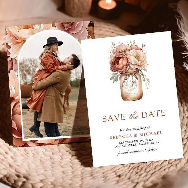 Terracotta Floral Mason Jar Foto Wedding Save The Date (Von Creator hochgeladen)