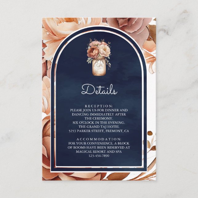 Terracotta Floral Mason Jar Navy Wedding Details Begleitkarte (Vorderseite)