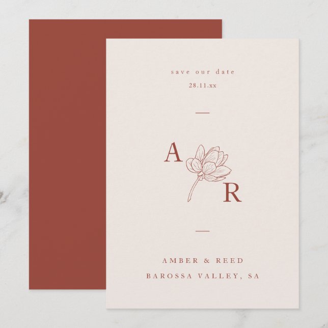 Terracotta Floral Minimalistisch Monogram Elegant Save The Date (Vorne/Hinten)
