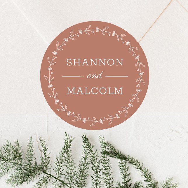 Terracotta Floral Minimalistisch Wedding Umschlag  Runder Aufkleber (Von Creator hochgeladen)