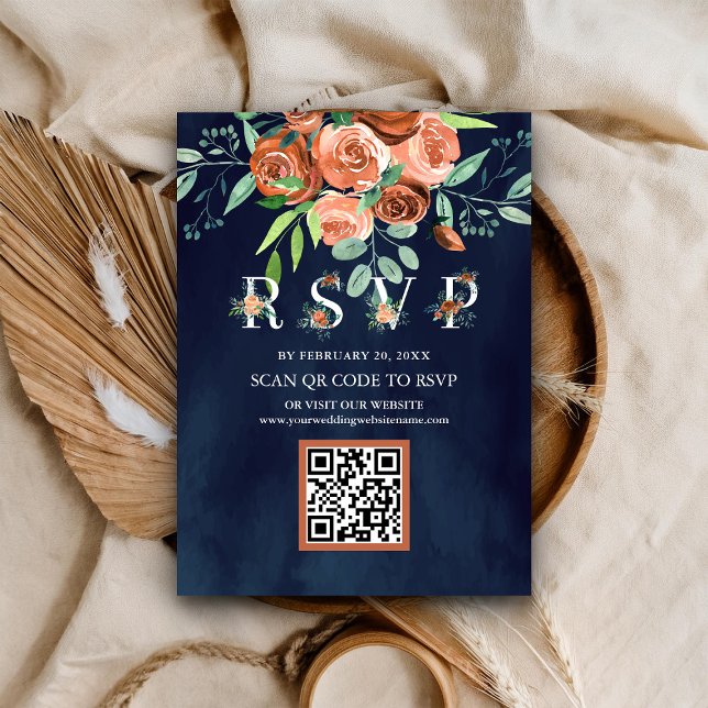 Terracotta Floral Navy Blue QR Code UAWG Wedding Begleitkarte (Von Creator hochgeladen)