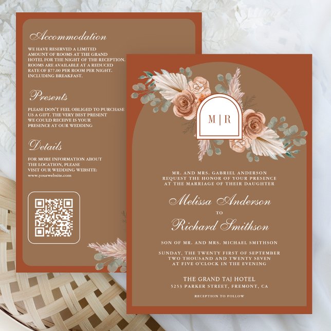 Terracotta Floral Pampas Beige Tan QR Code Wedding Einladung (Von Creator hochgeladen)