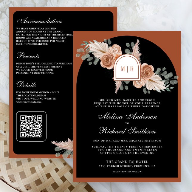 Terracotta Floral Pampas Black QR Code Wedding Einladung (Von Creator hochgeladen)