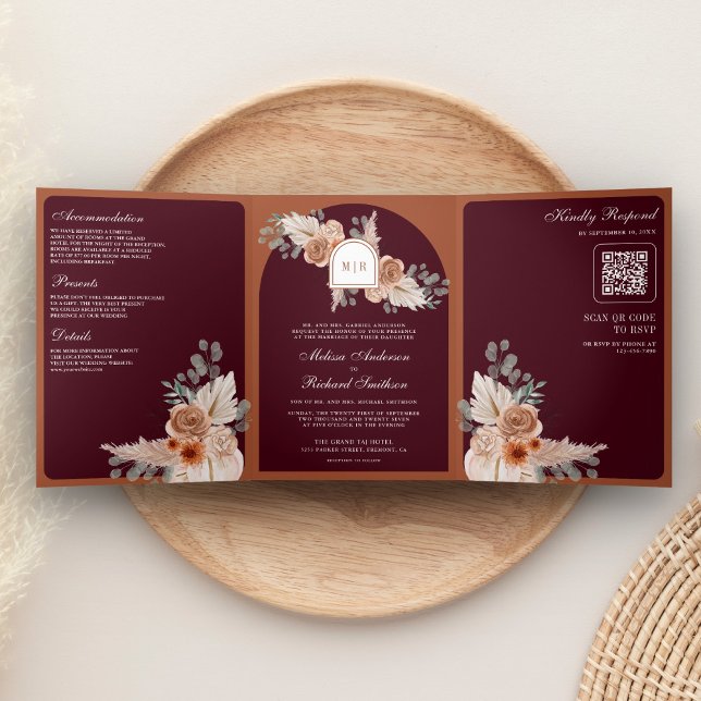 Terracotta Floral Pampas Burgundy QR Code Wedding Dreifach Gefaltete Einladung (Von Creator hochgeladen)