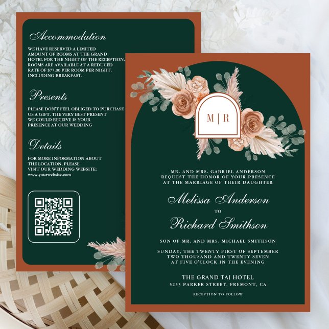 Terracotta Floral Pampas Emerald QR Code Wedding Einladung (Von Creator hochgeladen)