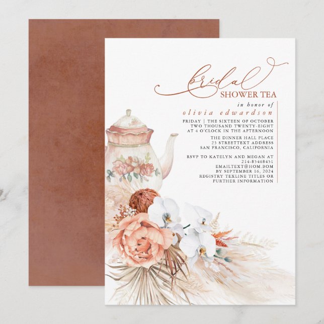 Terracotta Floral Pampas Grass Brautparty Tee Einladung (Vorne/Hinten)