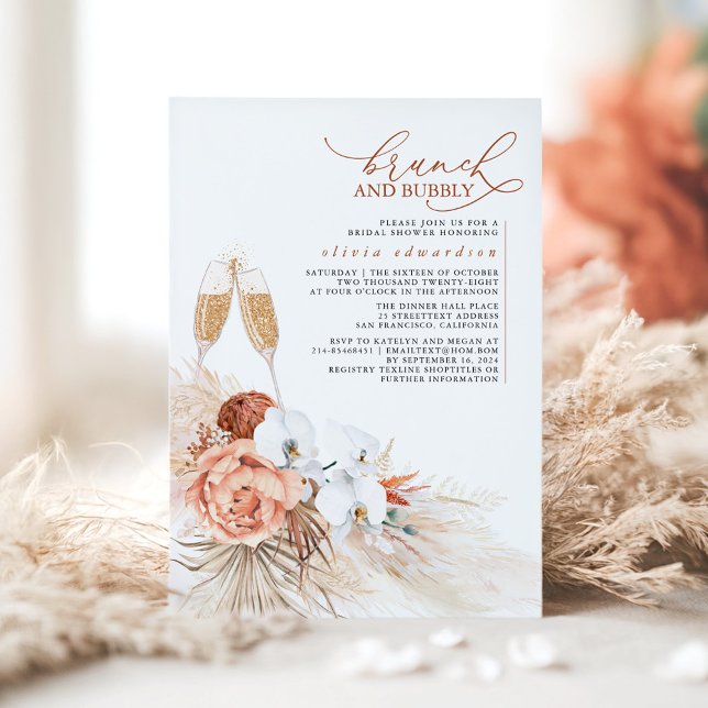 Terracotta Floral Pampas Grass Brunch und Bubbly Einladung (Floral Terracotta Bridal Shower Invitation - Brunch and Bubbly)