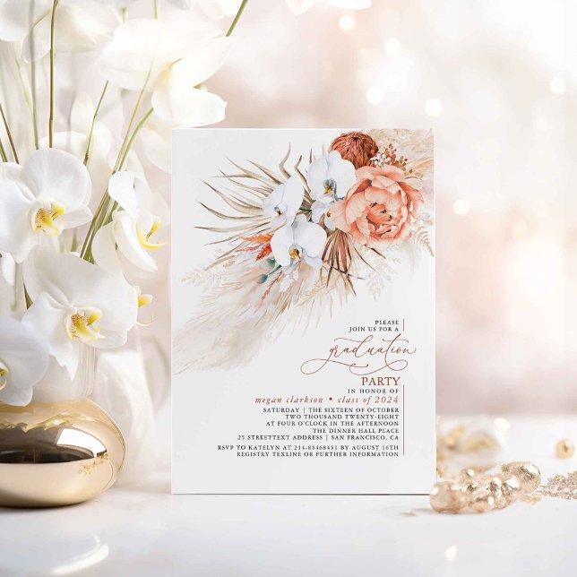 Terracotta Floral Pampas Grass Graduation Party Einladung (Graduation Invitations with White Orchids and Terracotta Foliage)