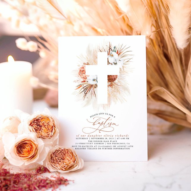 Terracotta Floral Pampas Grass Moderne Taufe Invi Einladung (Baptism Boho Floral Invitations)