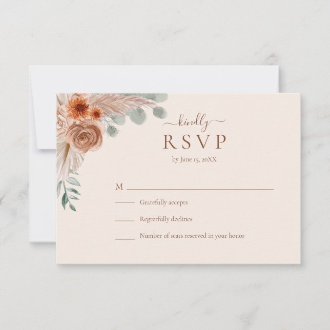 Terracotta Floral Pampas Grass Wedding RSVP Card (Vorderseite)