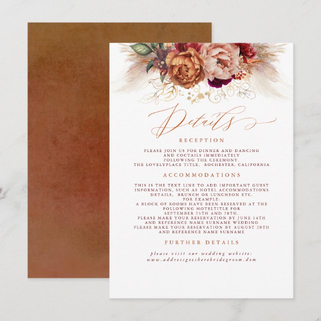 Terracotta Floral Pampas Hochzeit Details Begleitkarte (Vorne/Hinten)