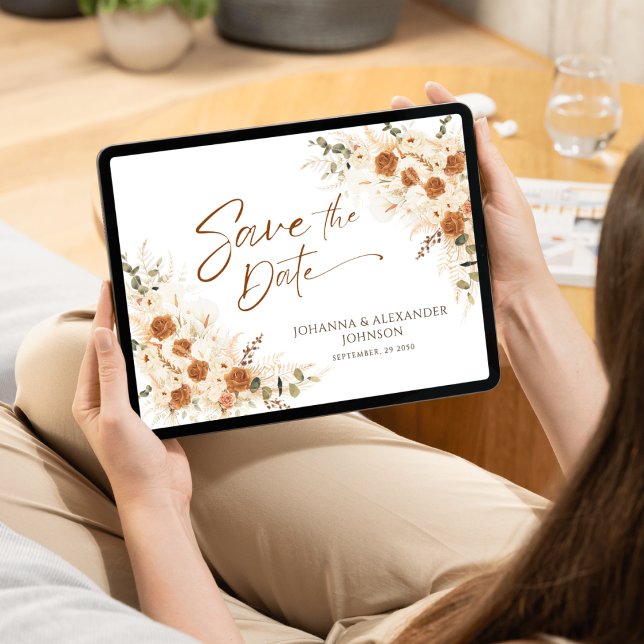 Terracotta Floral Pampas QR Code Wedding Save The Date (Von Creator hochgeladen)