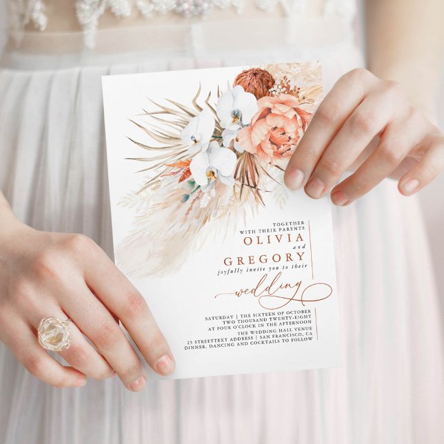 Terracotta Floral Pampas Tropische Hochzeit Einladung (White Orchids Elegant Floral Wedding Invitation)