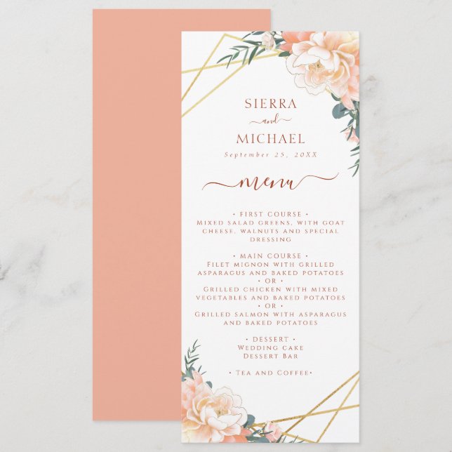 Terracotta Floral Peach Gold Hochzeit Empfang Menükarte (Vorne/Hinten)