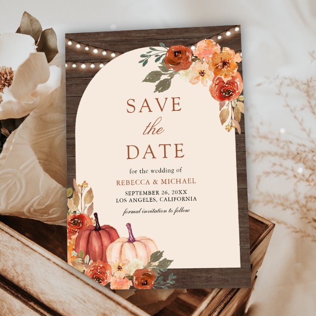 Terracotta Floral Pumpkin Barn Wood Wedding Save The Date (Von Creator hochgeladen)