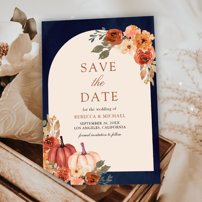 Terracotta Floral Pumpkin Navy Blue Wedding Save The Date (Von Creator hochgeladen)