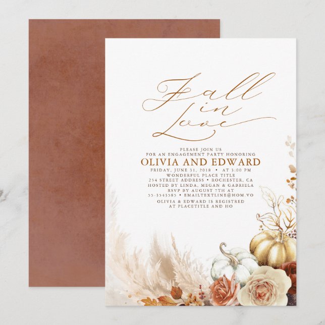 Terracotta Floral Pumpkins Fall Engagement Party Einladung (Vorne/Hinten)
